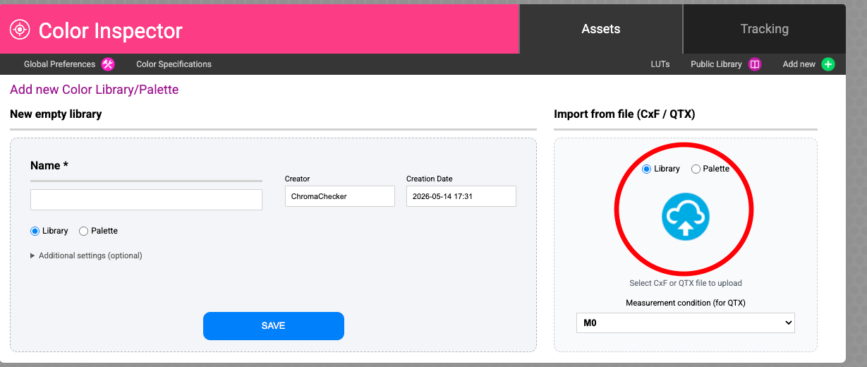 Import from file — CxF/QTX upload panel