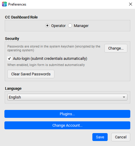 CC Sync Preferences window with CC Dashboard Role, Security, Language, and Plugins / Change Account buttons