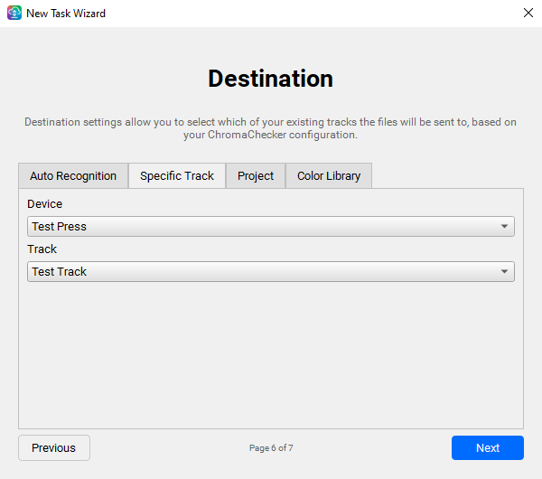 Task Wizard — Destination page with Auto Recognition, Specific Track, Project and Color Library tabs