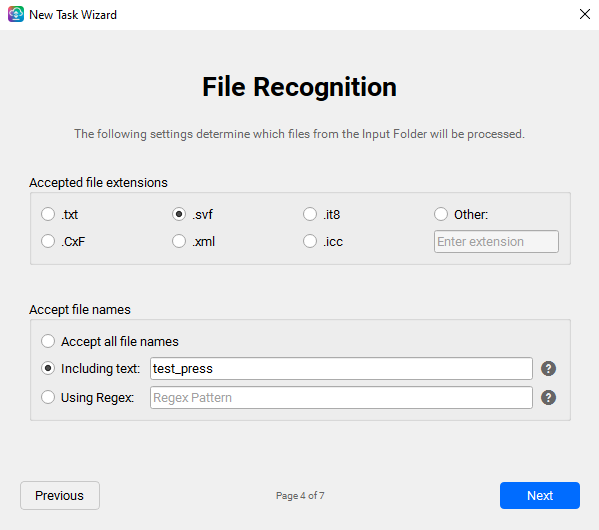 Task Wizard — File Recognition page with file extension radios and a name filter