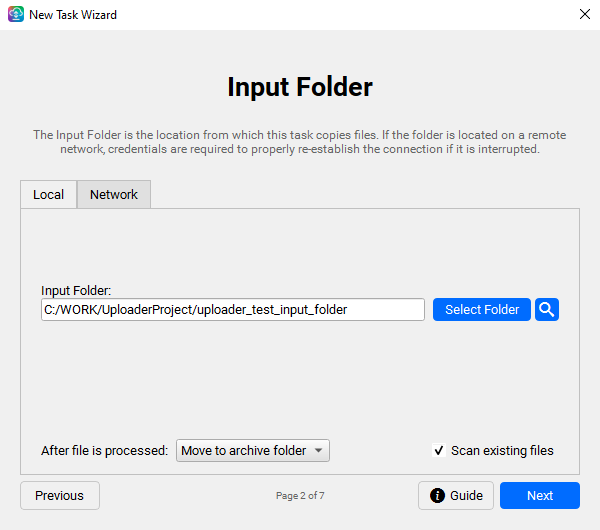 Task Wizard — Input Folder page, Local tab